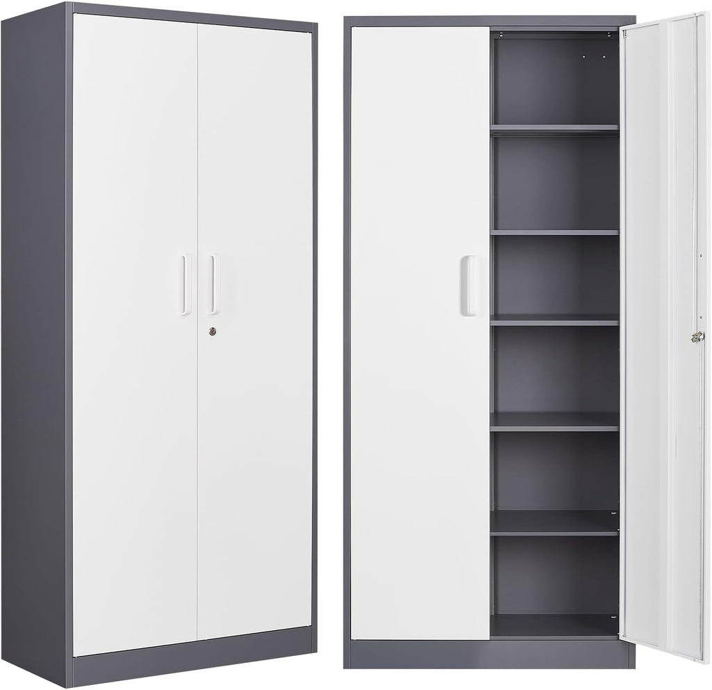 Metal Storage Cabinet with 2 Doors and 6 Shelves, Black Metal Cabinet with Lock, 71 Inch Lockable Garage Storage Cabinet wourant