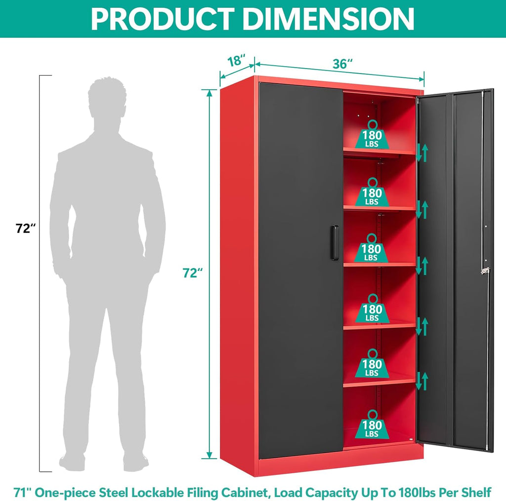 Metal Storage Cabinet with 2 Doors and 6 Shelves, Black Metal Cabinet with Lock, 71 Inch Lockable Garage Storage Cabinet wourant