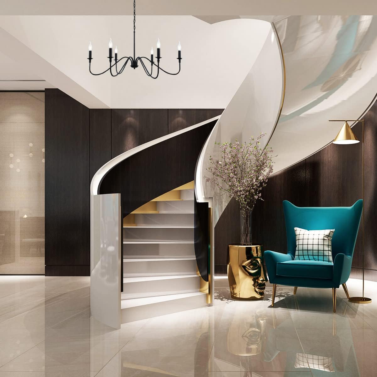 6-Arm Matte Black Candelabra Chandelier