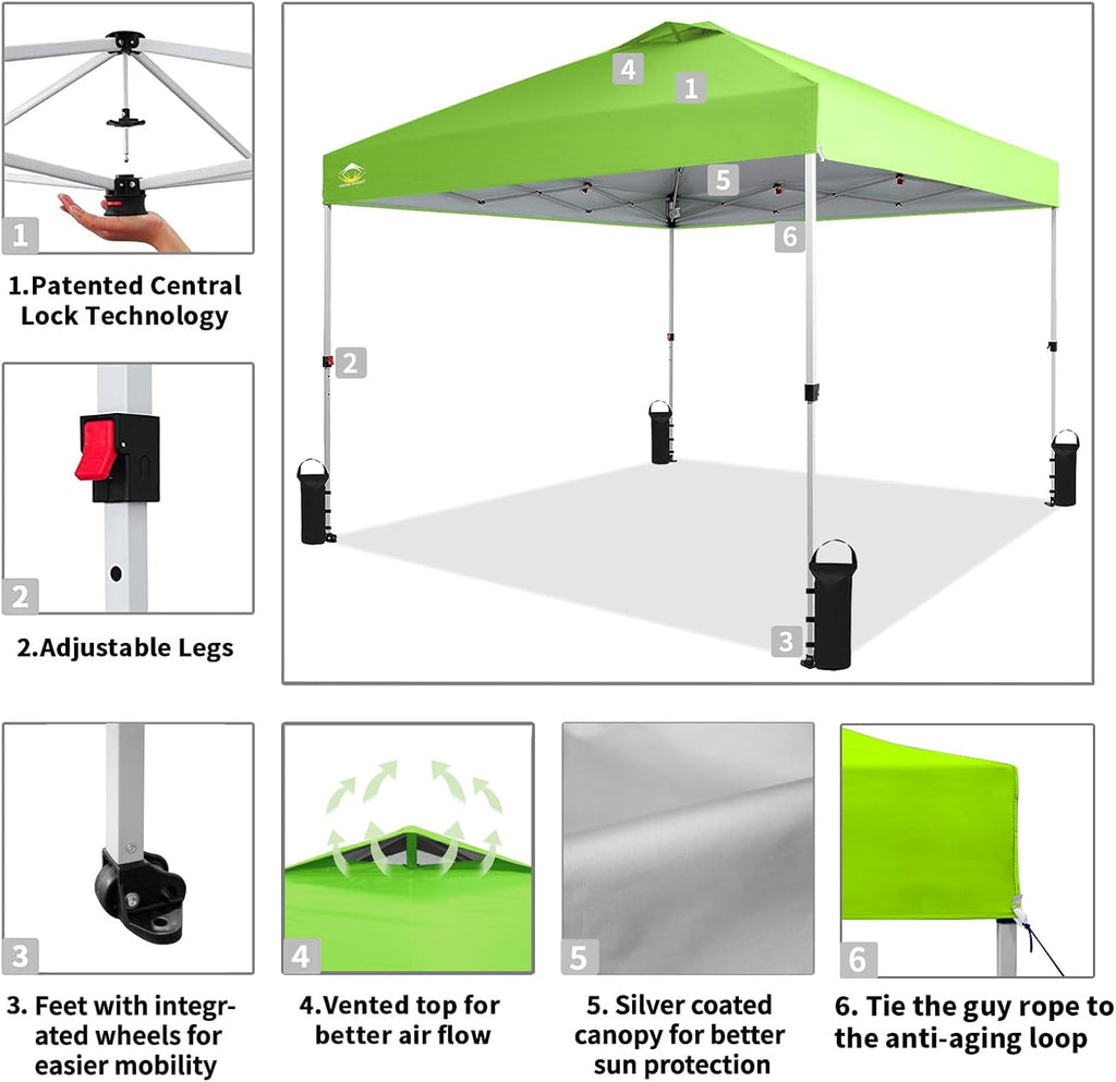 10x10 Pop-Up Awning - One-Click Installation Beach Tent - Outdoor Sunshade Silver Coated Top, 3 Heights and 4 Sand Pockets wourant