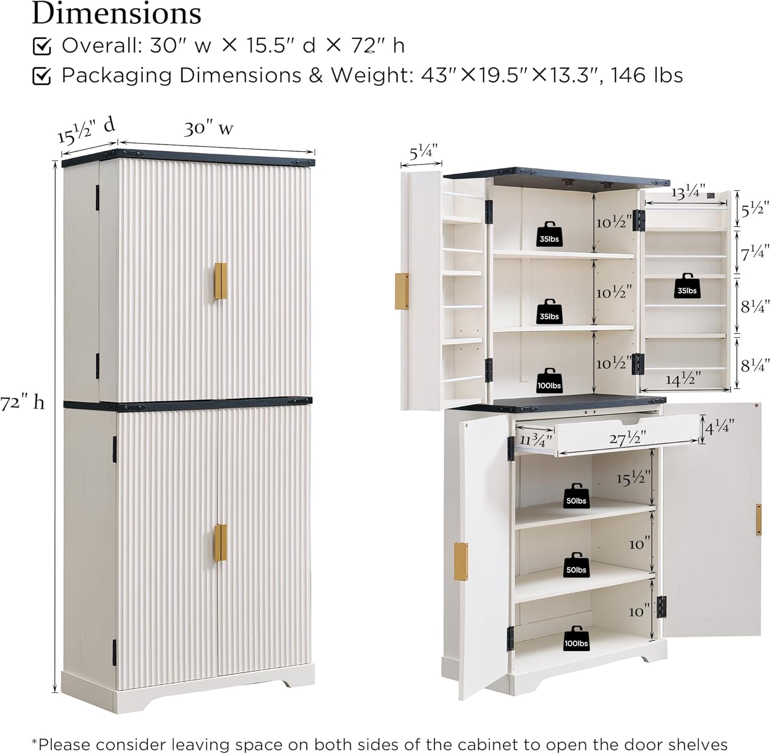 Fluted Pantry Cabinet, 72" Tall Modern Storage Cabinet with 4 Doors, Organizer, Drawer and Adjustable Shelves, Wood Cupboard wourant