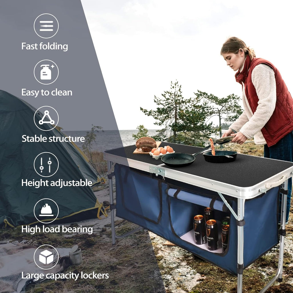Outdoor Folding Table Aluminum Lightweight Height Adjustable with Storage Organizer for BBQ, Party, Camping wourant