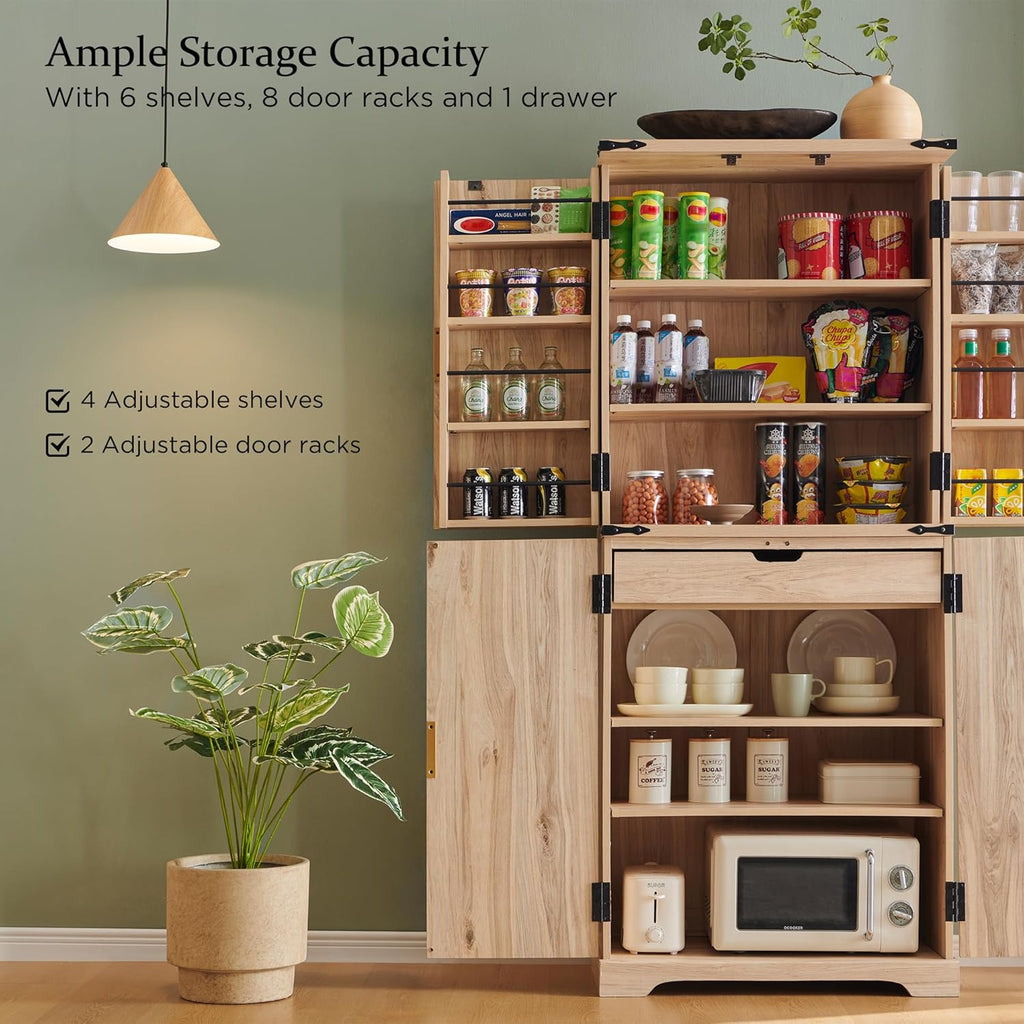 Fluted Pantry Cabinet, 72" Tall Modern Storage Cabinet with 4 Doors, Organizer, Drawer and Adjustable Shelves, Wood Cupboard wourant