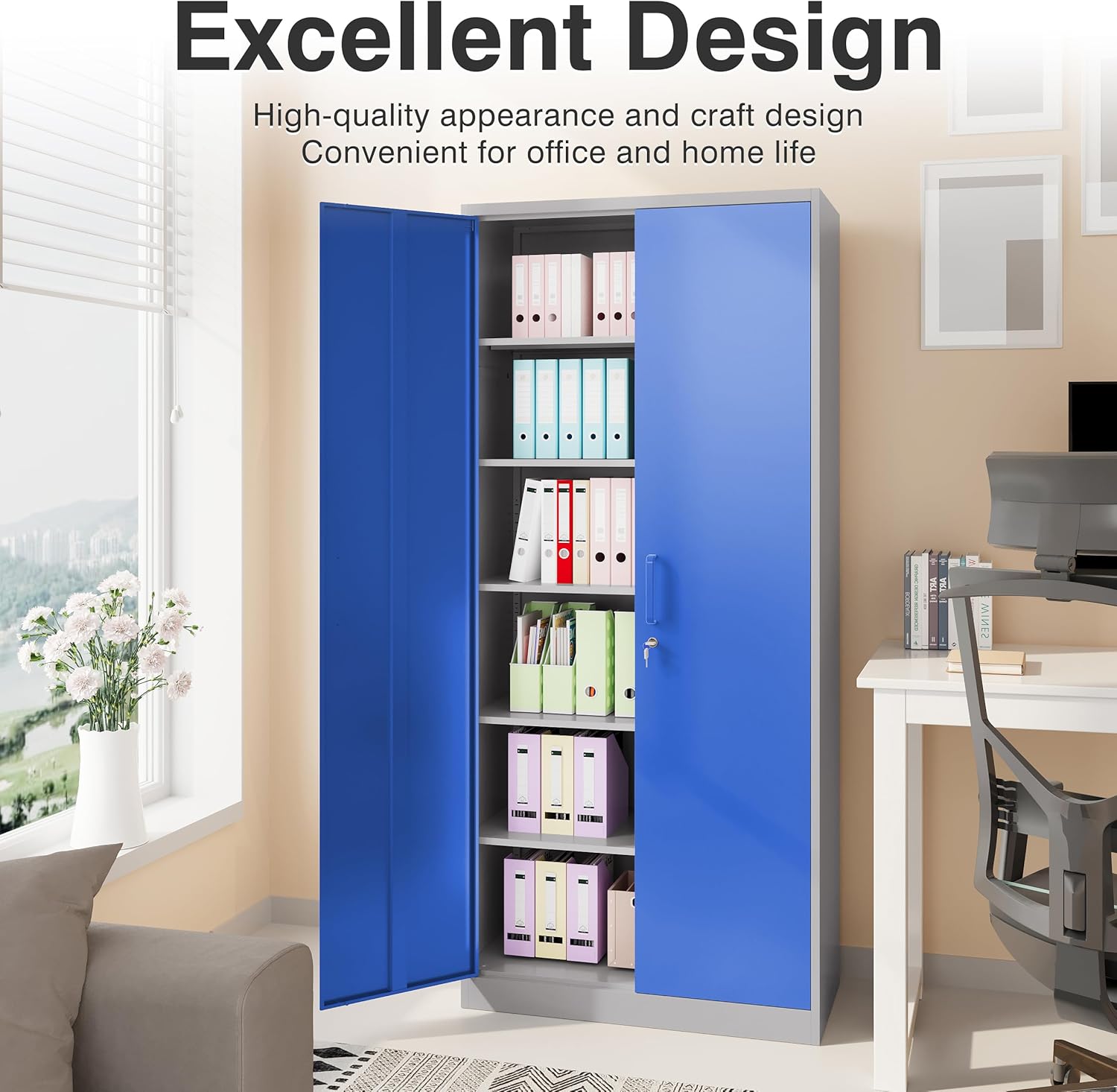 Metal Storage Cabinet with 2 Doors and 6 Shelves, Black Metal Cabinet with Lock, 71 Inch Lockable Garage Storage Cabinet wourant
