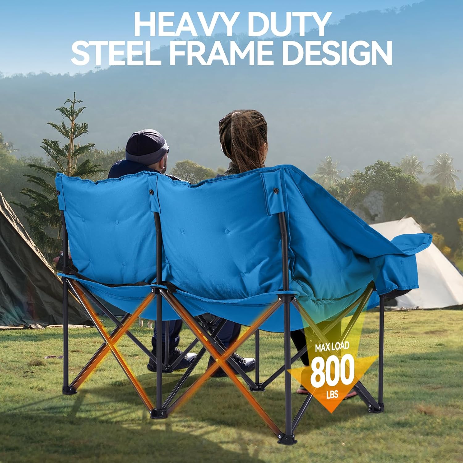 Camping Chair Upholstered Loveseat - Heavy Duty Extra Large Camping Sofa Portable Folding Sofa with Cup Holder and Carry Bag wourant