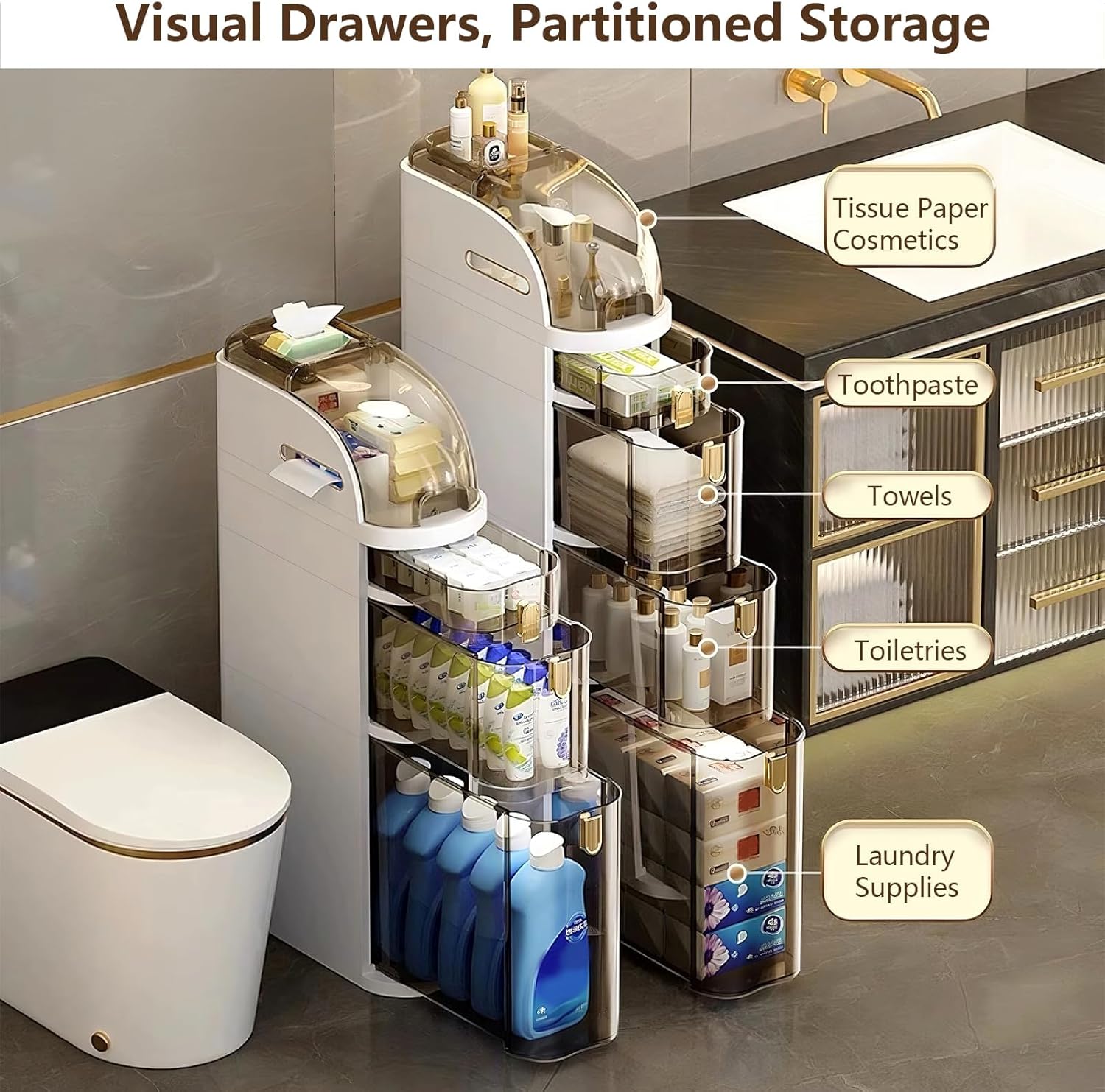 4-Tiers Narrow Bathroom Storage Cabinet 7.1 Slim Bathroom Floor Organizer with Drawers and Tissue Box Plastic Waterproof Mobile Locker wourant
