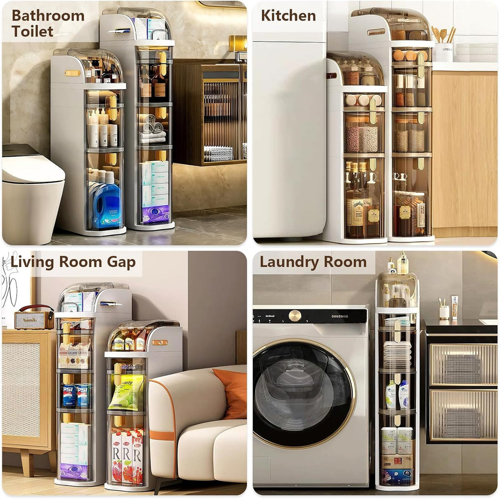 4-Tiers Narrow Bathroom Storage Cabinet 7.1 Slim Bathroom Floor Organizer with Drawers and Tissue Box Plastic Waterproof Mobile Locker wourant