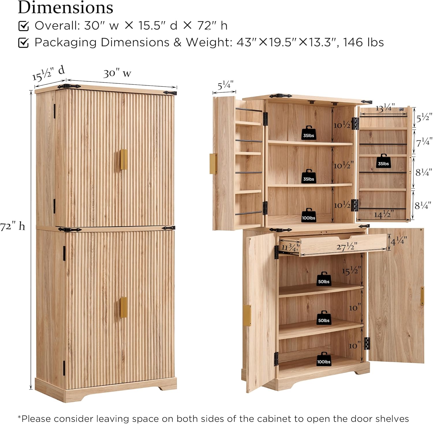 Fluted Pantry Cabinet, 72" Tall Modern Storage Cabinet with 4 Doors, Organizer, Drawer and Adjustable Shelves, Wood Cupboard wourant
