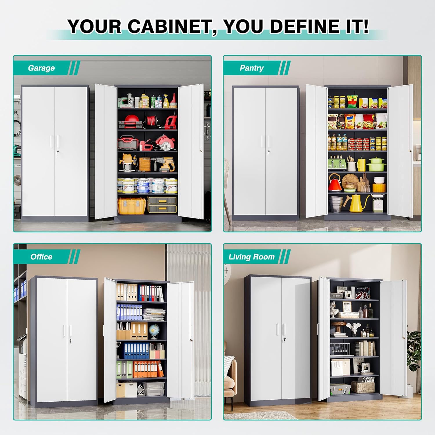 Metal Storage Cabinet with 2 Doors and 6 Shelves, Black Metal Cabinet with Lock, 71 Inch Lockable Garage Storage Cabinet wourant