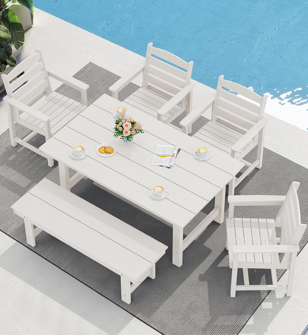Outdoor HDPE Dining Table Set, 7-Piece Outdoor Dining Table Sets with Umbrella Hole Cut-Out Table and 6 Chairs wourant