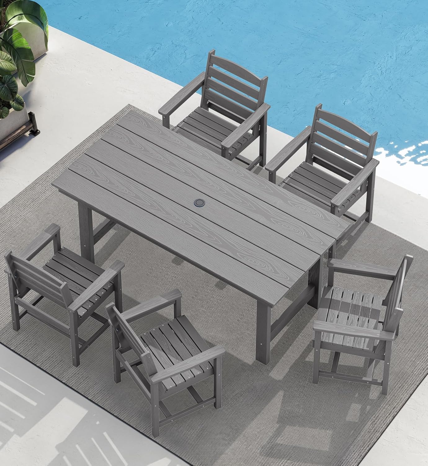 Outdoor HDPE Dining Table Set, 7-Piece Outdoor Dining Table Sets with Umbrella Hole Cut-Out Table and 6 Chairs wourant