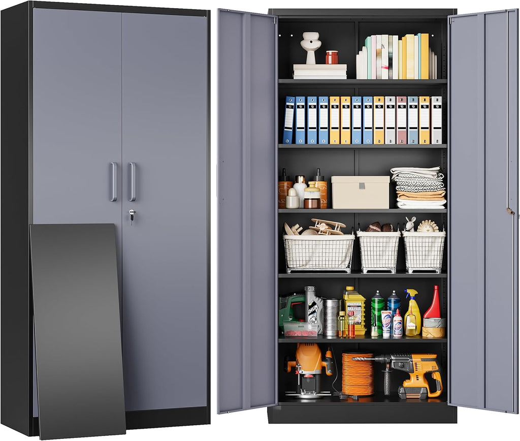 Metal Storage Cabinet with 2 Doors and 6 Shelves, Black Metal Cabinet with Lock, 71 Inch Lockable Garage Storage Cabinet wourant