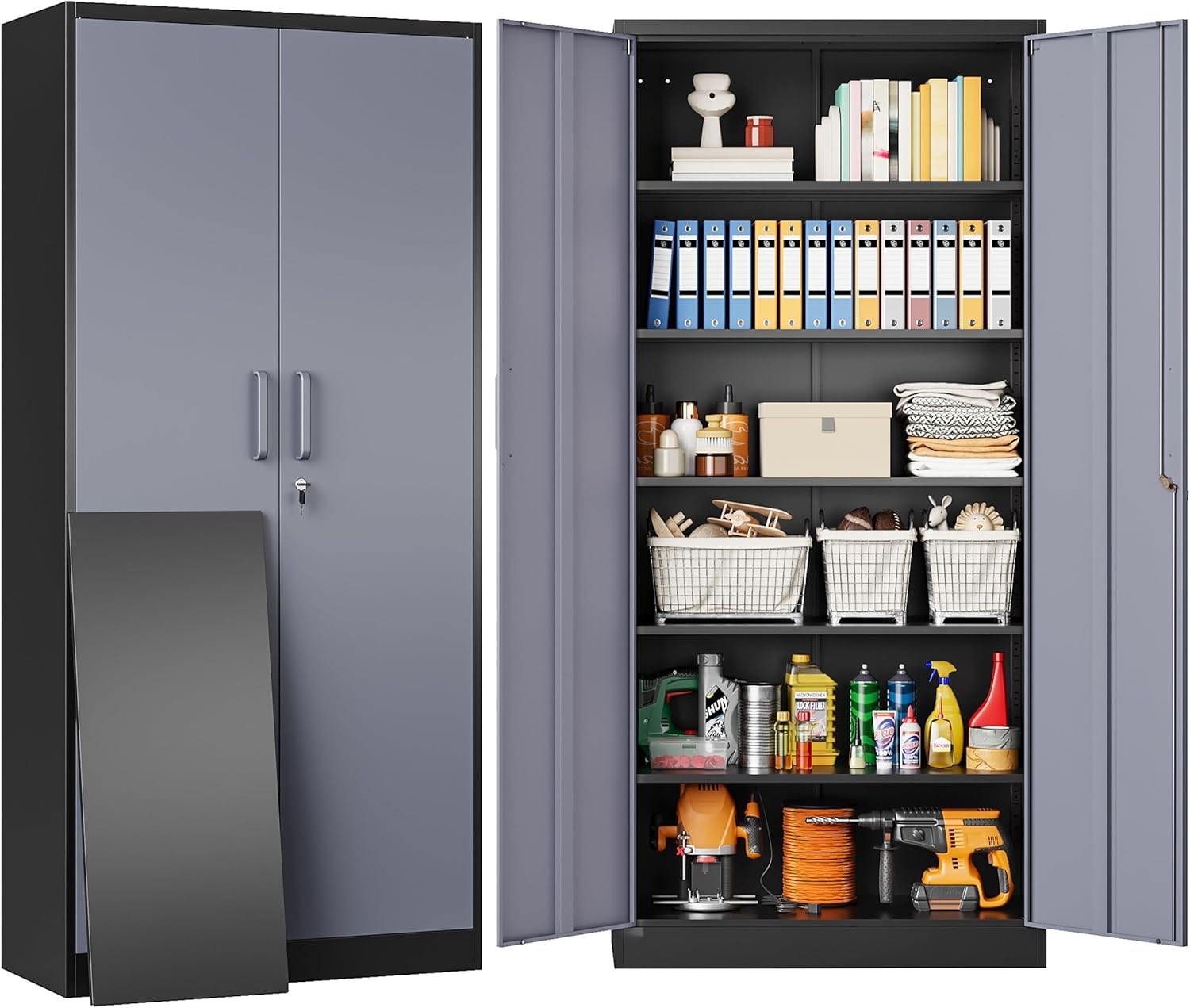 Metal Storage Cabinet with 2 Doors and 6 Shelves, Black Metal Cabinet with Lock, 71 Inch Lockable Garage Storage Cabinet wourant