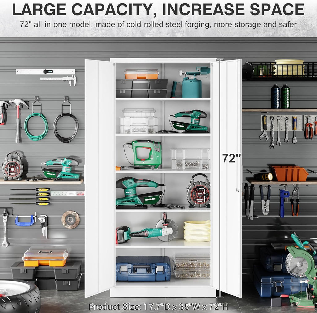 Metal Storage Cabinet with 2 Doors and 6 Shelves, Black Metal Cabinet with Lock, 71 Inch Lockable Garage Storage Cabinet wourant