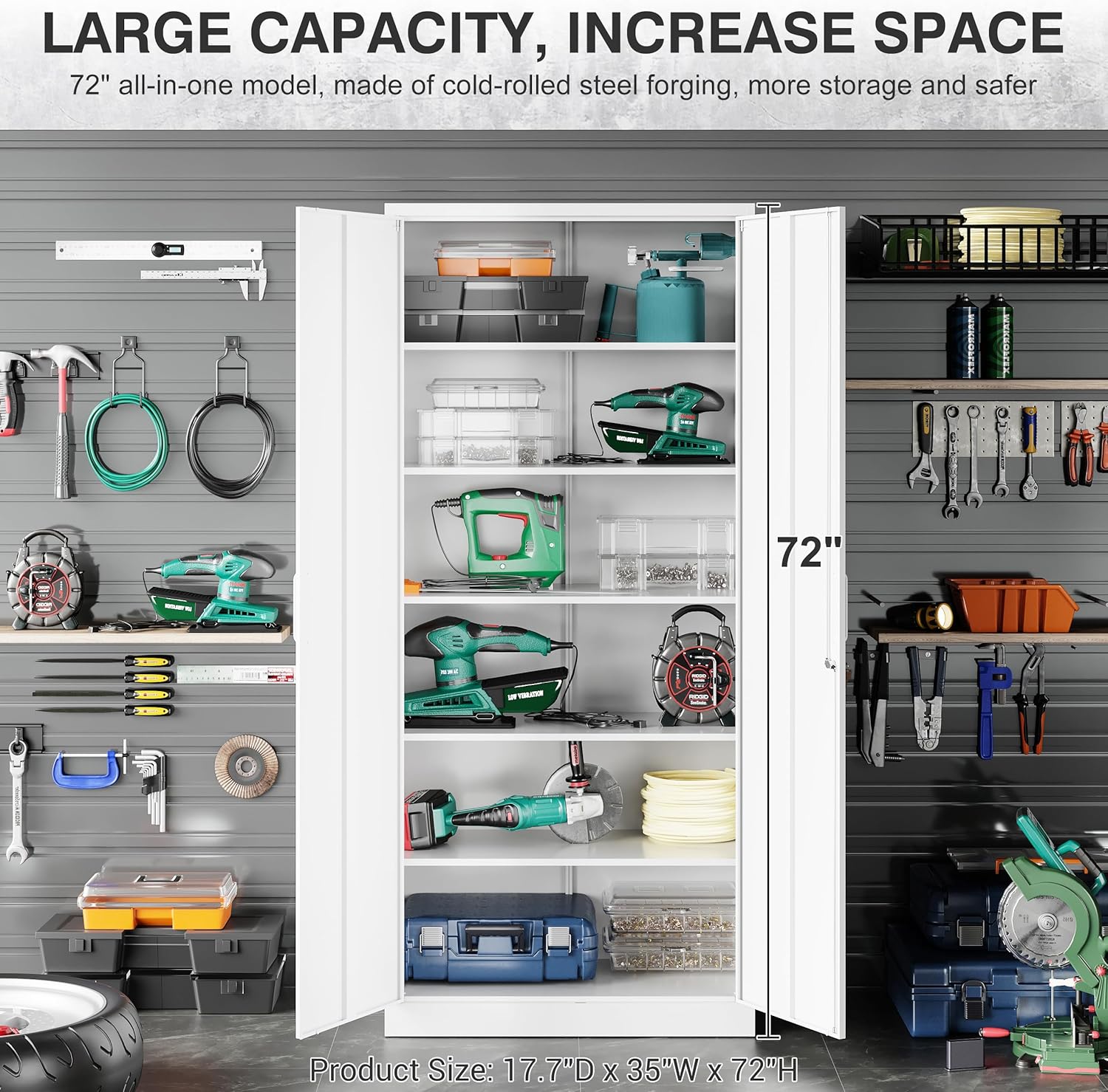 Metal Storage Cabinet with 2 Doors and 6 Shelves, Black Metal Cabinet with Lock, 71 Inch Lockable Garage Storage Cabinet wourant